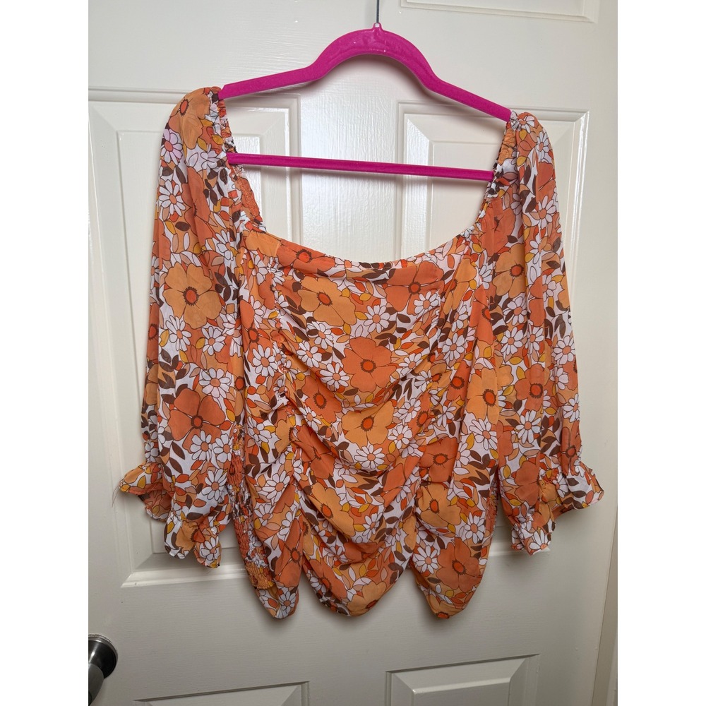 Cato Orange Retro Floral Ruched Smocked Blouse Plus Size 18/20W 70s Style